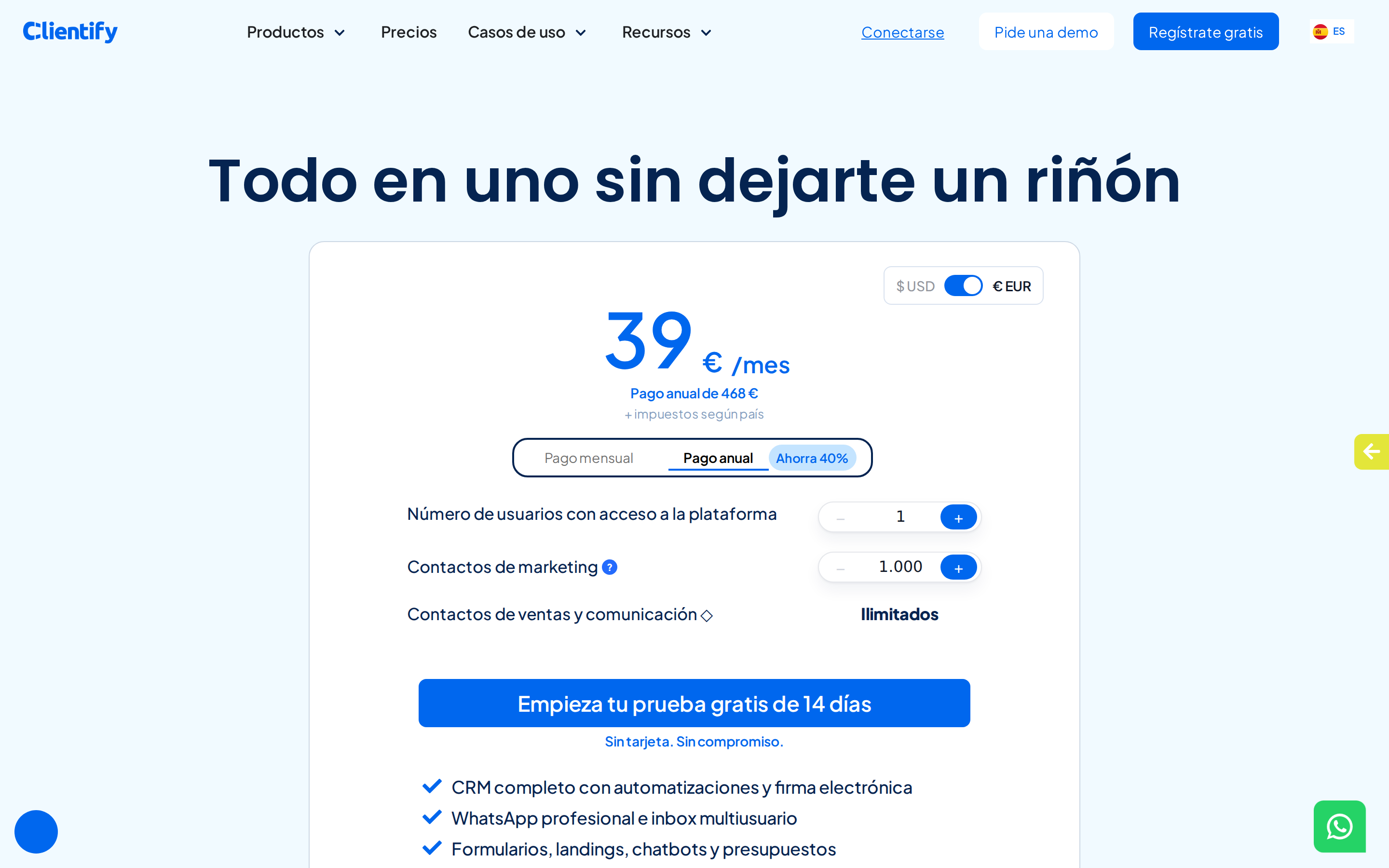 Página de precios de Clientify: plan único desde 39€/mes con pago anual