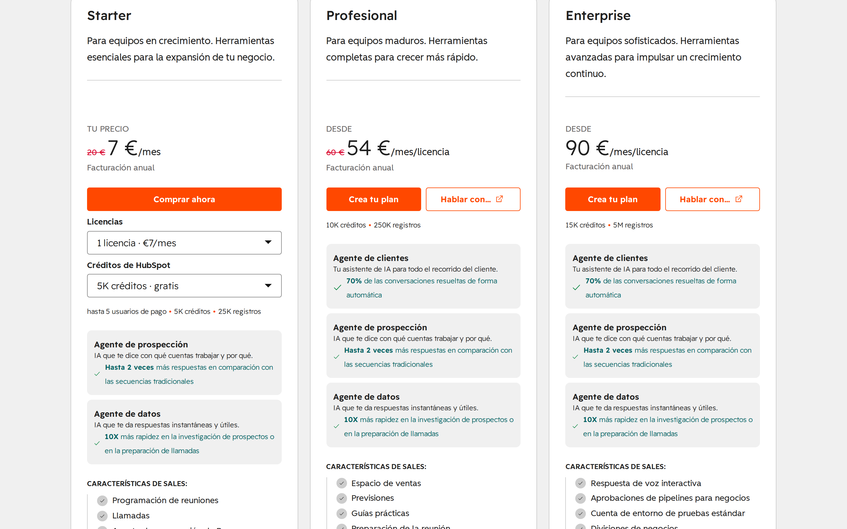 Página de precios de HubSpot en euros: Starter 7€, Pro desde 54€, Enterprise desde 90€
