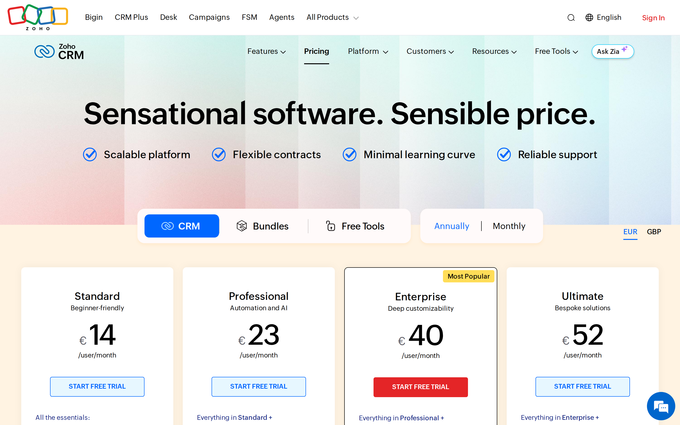 Página de precios de Zoho CRM en euros: de 14€ a 52€ por usuario y mes